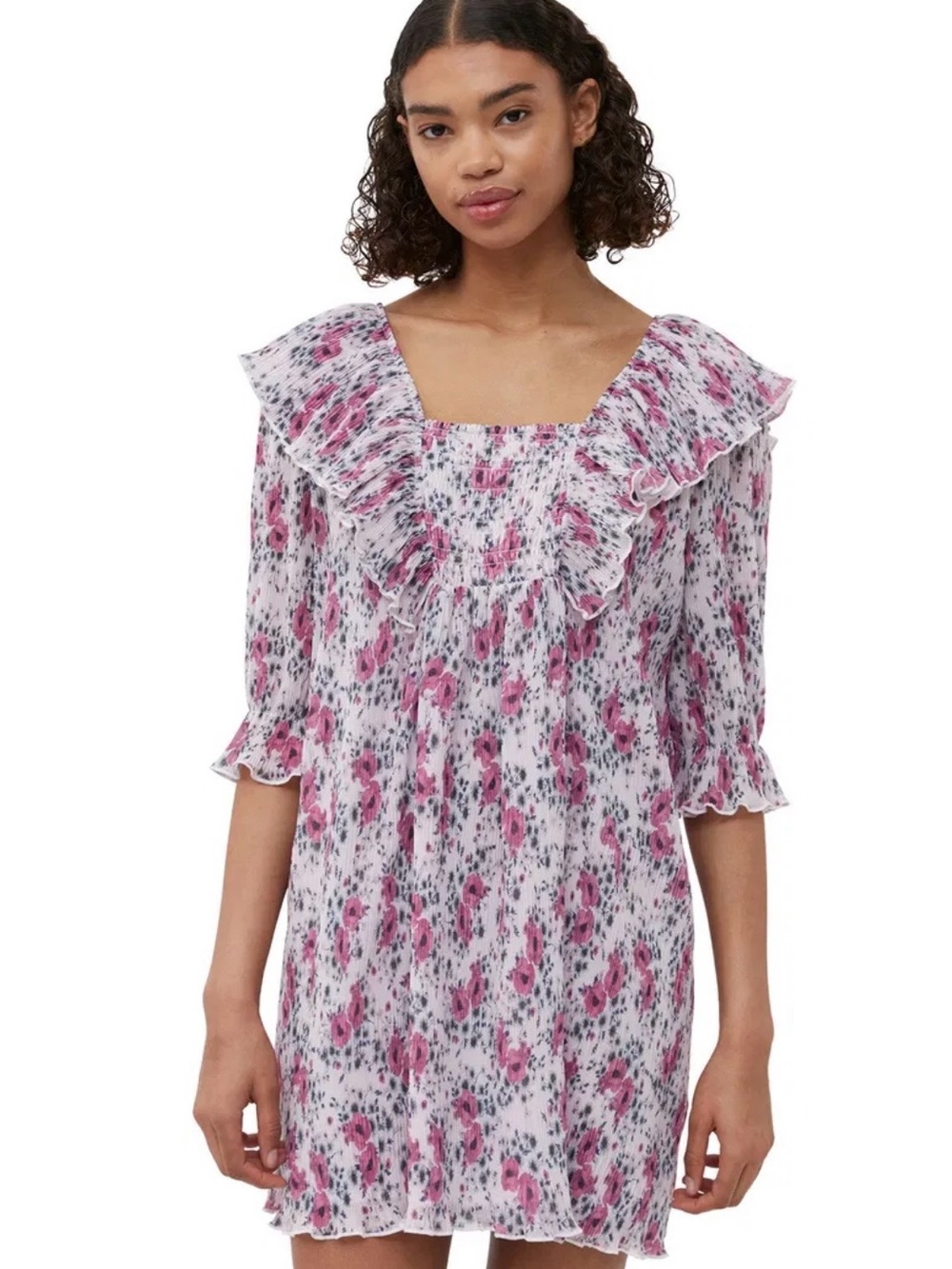 NWOT Ganni Pleated Georgette Ruffle Mini Dress